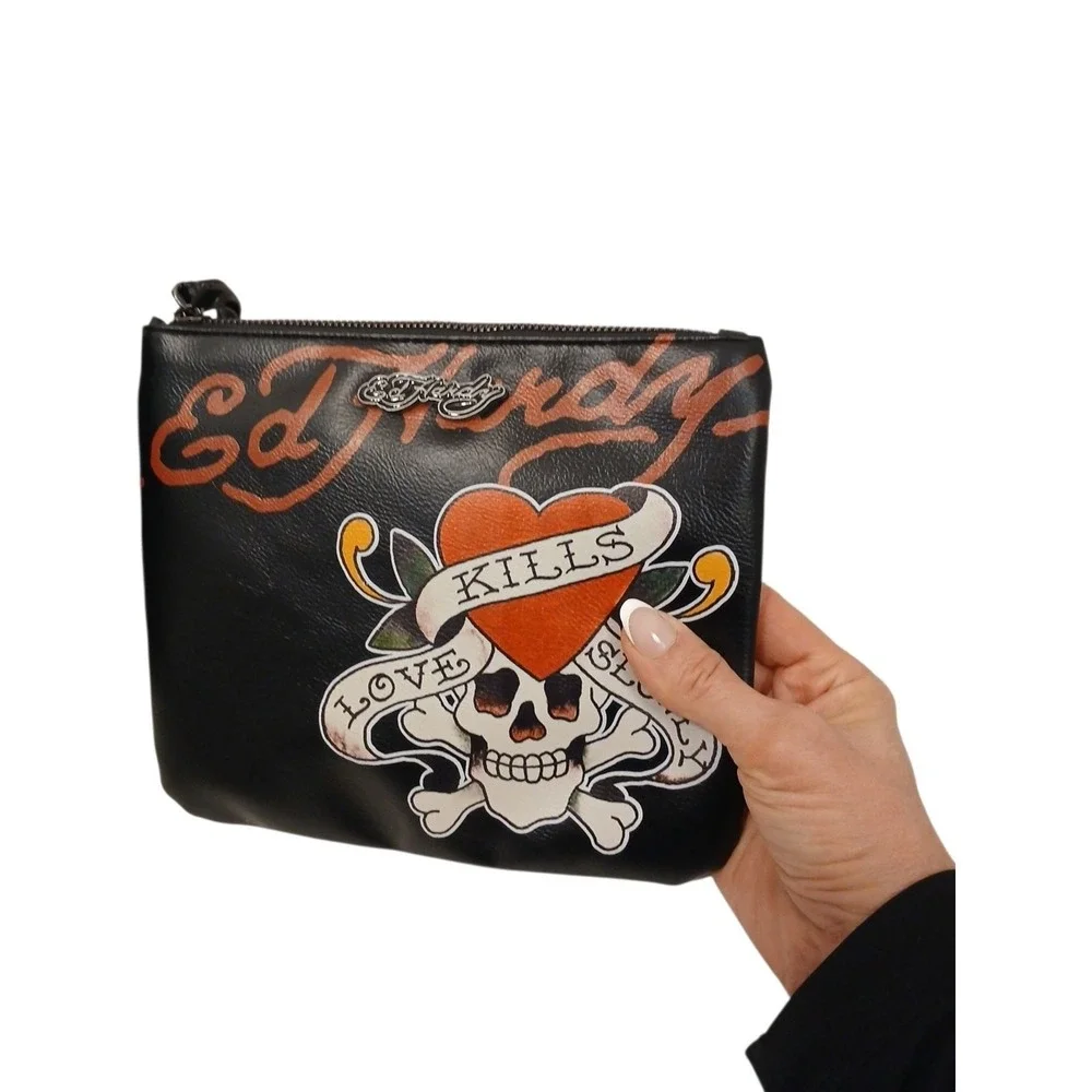 NEW! Ed Hardy Wristlet Zip Clutch Black Moto Purse Skull Roses Punk Skater‎ Love